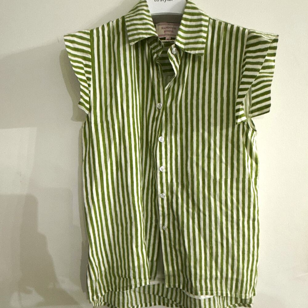 Hampton House Women’s Green White Striped Collared Button-Up Shirt XS 100 Cotton